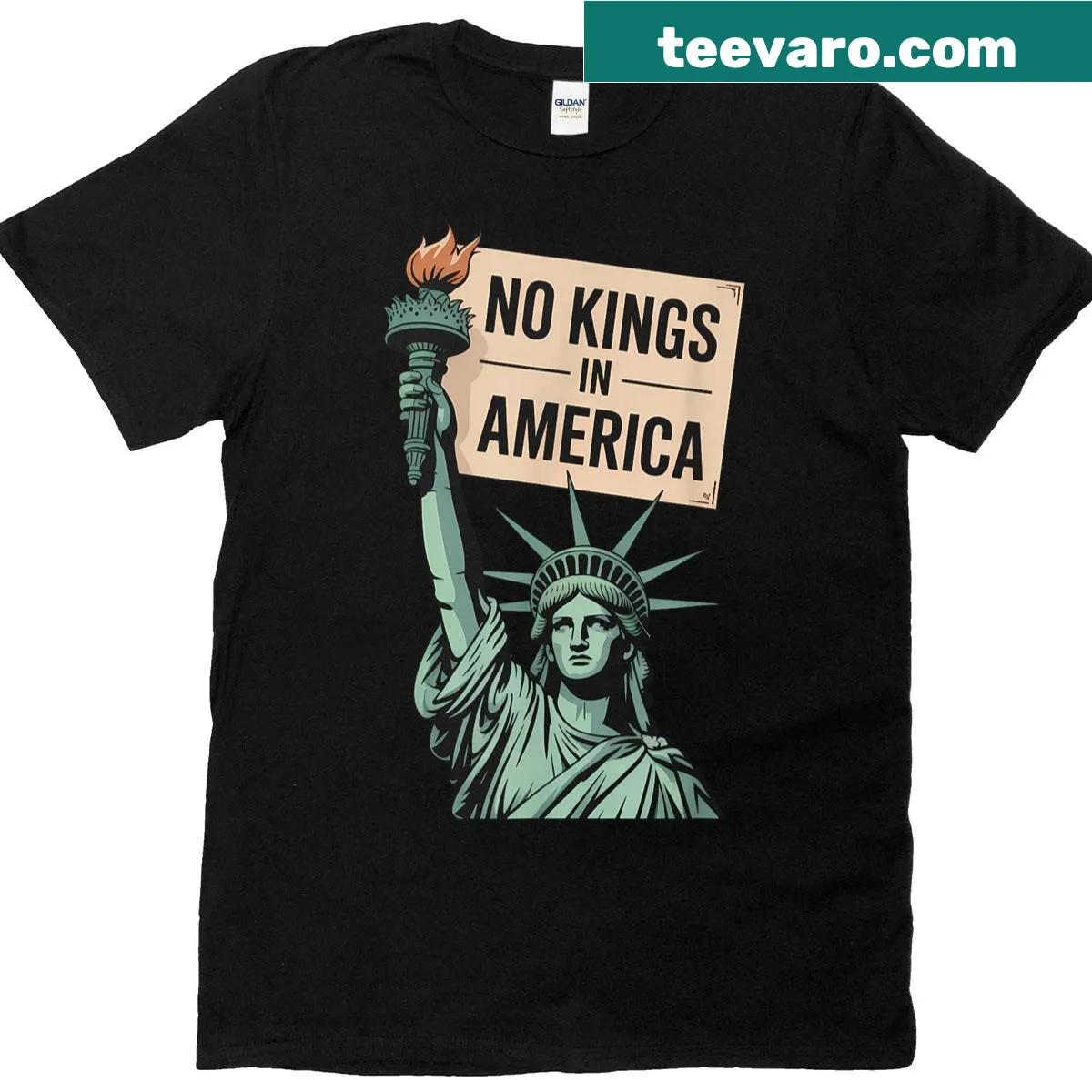 Bold text graphic stating 'No Kings In America' on T-shirt — on a men's t-shirt