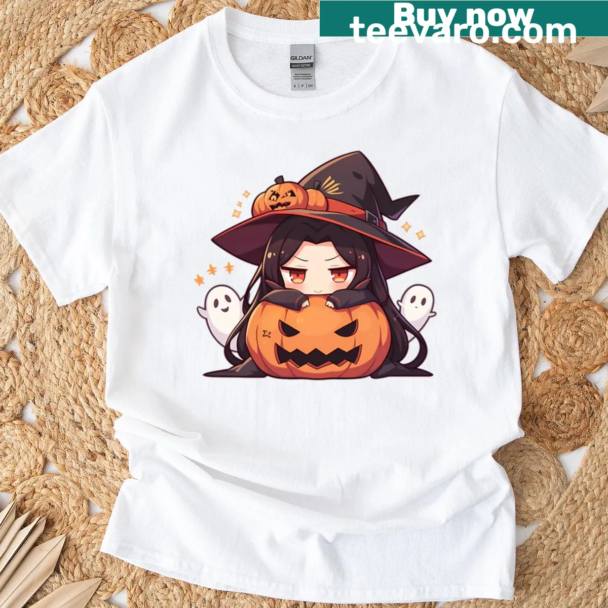 Cute chibi anime girl witch with pumpkin design for Halloween — on a men's t-shirt