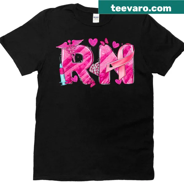 Breast cancer awareness t-shirt featuring pink ribbon and nursing symbols