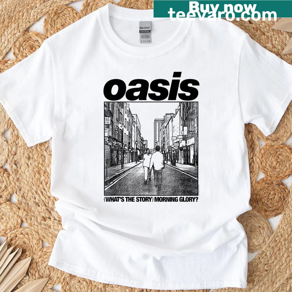 Bold Oasis typography T-shirt in white — on a men's t-shirt