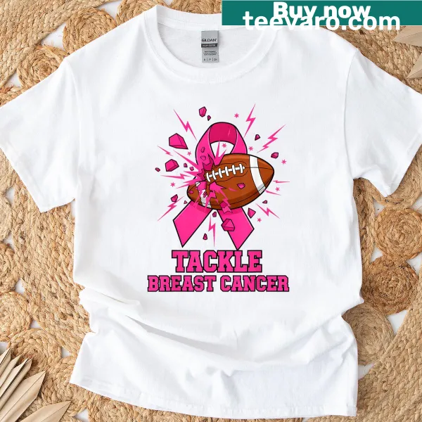 Supportive typography t-shirt promoting breast cancer awareness during football season
