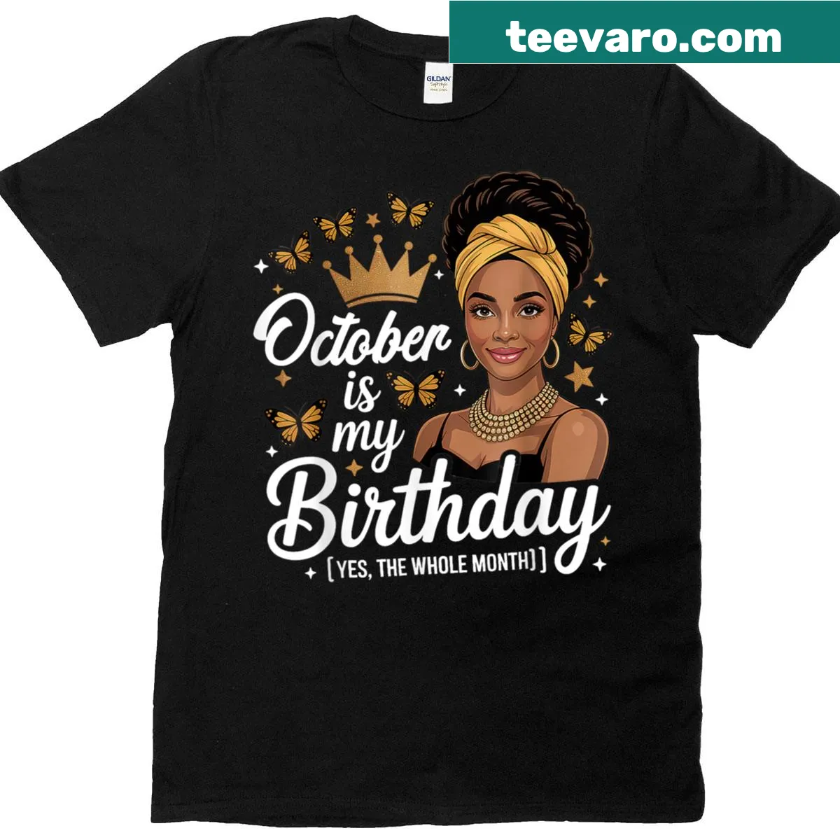 Illustrated birthday queen t-shirt for October birthdays. — on a men's t-shirt