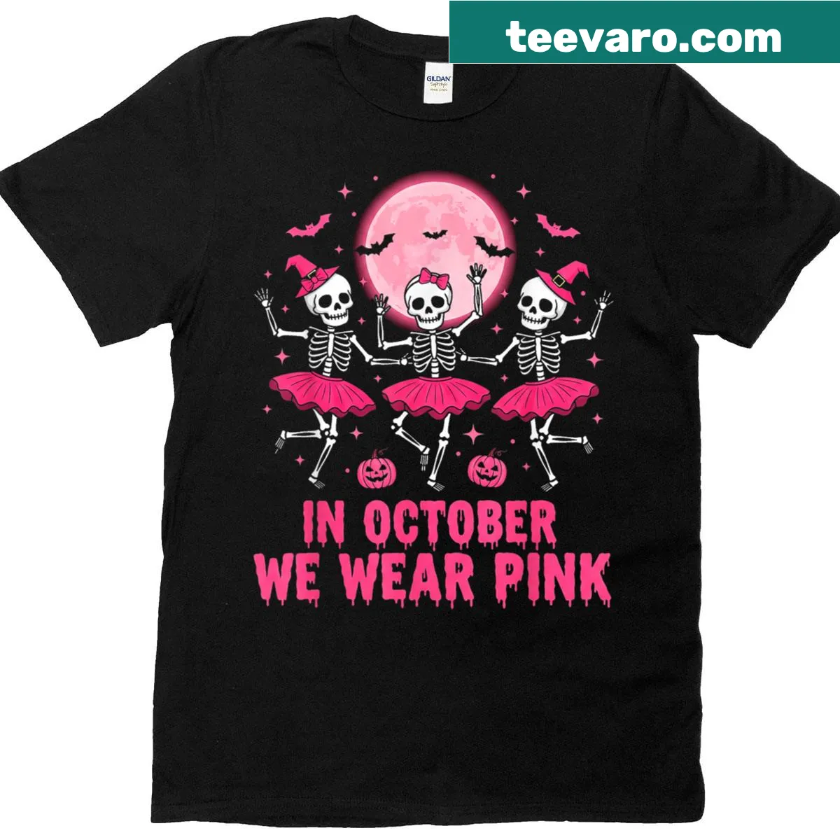 Skeleton design Halloween breast cancer awareness T-shirt — on a men's t-shirt