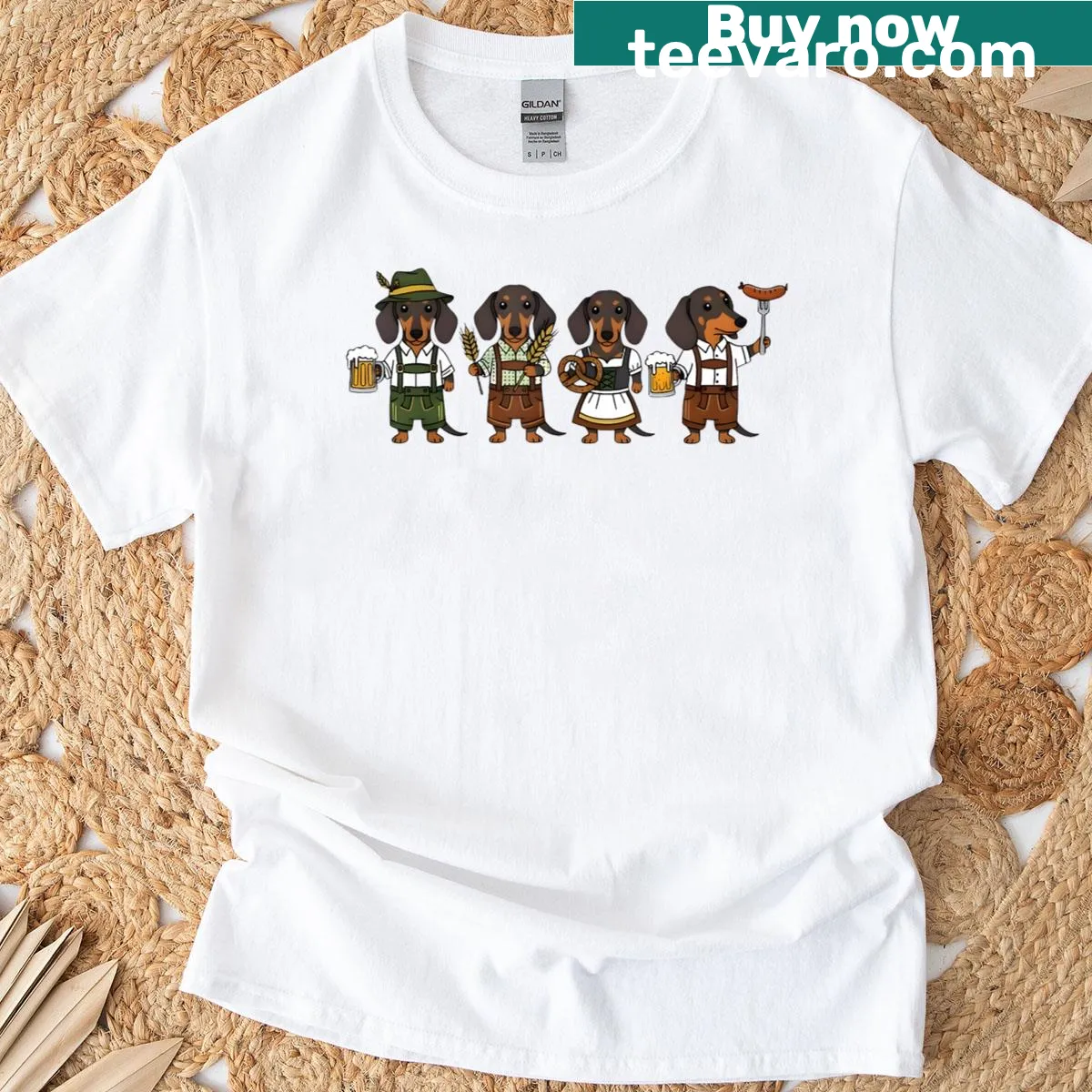 Oktoberfest t-shirt with a cute cartoon dachshund in traditional attire — on a men's t-shirt