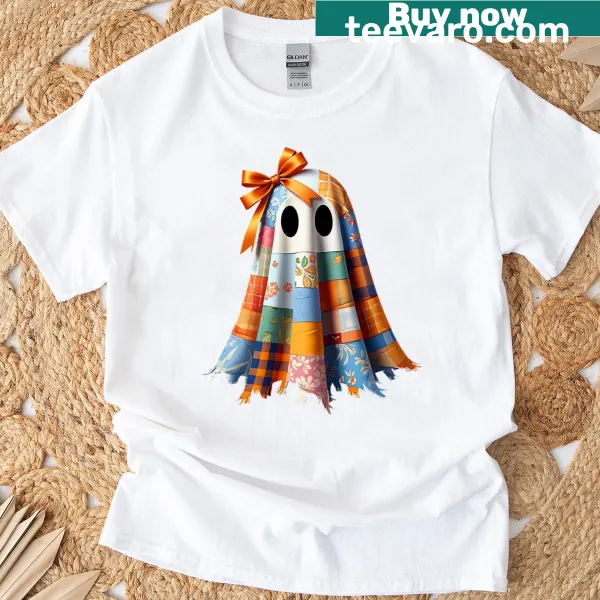 Fall-themed quilting T-shirt with a ghost bow quilt block design