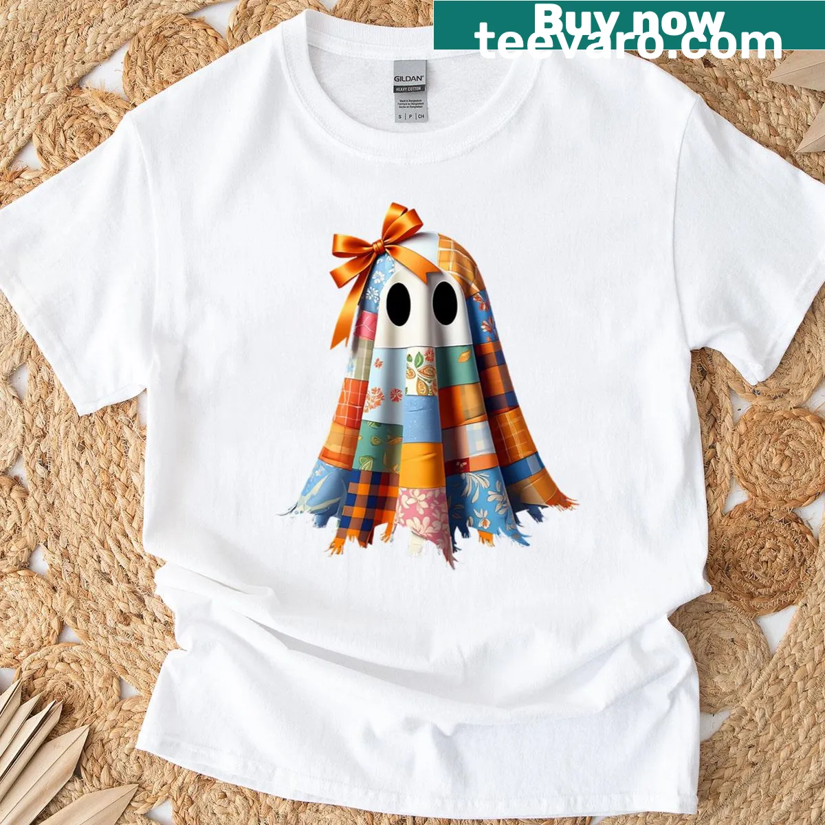 Fall-themed quilting T-shirt with a ghost bow quilt block design — on a men's t-shirt