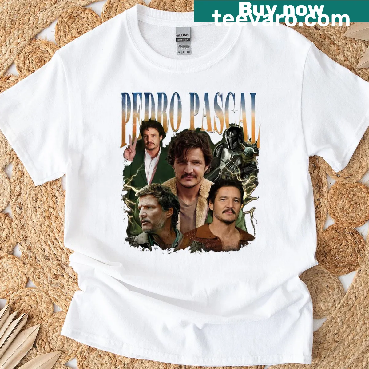 Stylized Pedro Pascal graphic tee celebrating the actor's charm — on a men's t-shirt