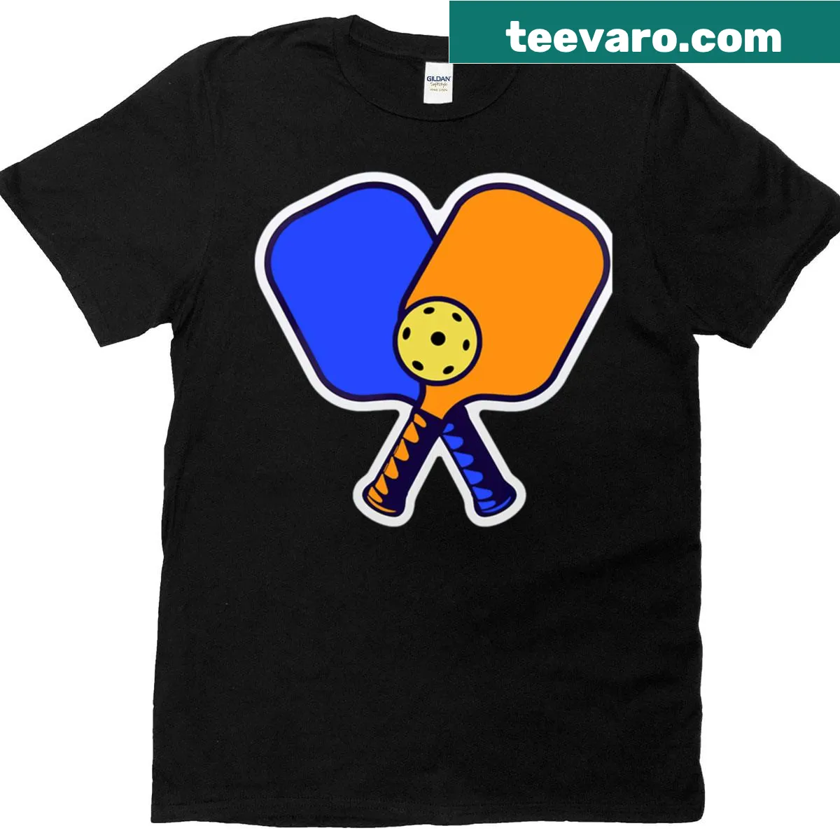 Pickleball sticker art t-shirt with playful design in blue and orange — on a men's t-shirt