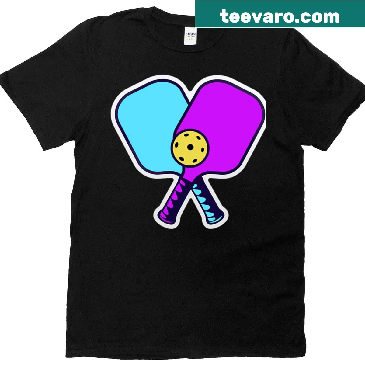 Pickleball graphic t-shirt with playful sticker art design. — on a men's t-shirt