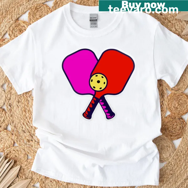 Whimsical pickleball sticker art graphic on a T-shirt