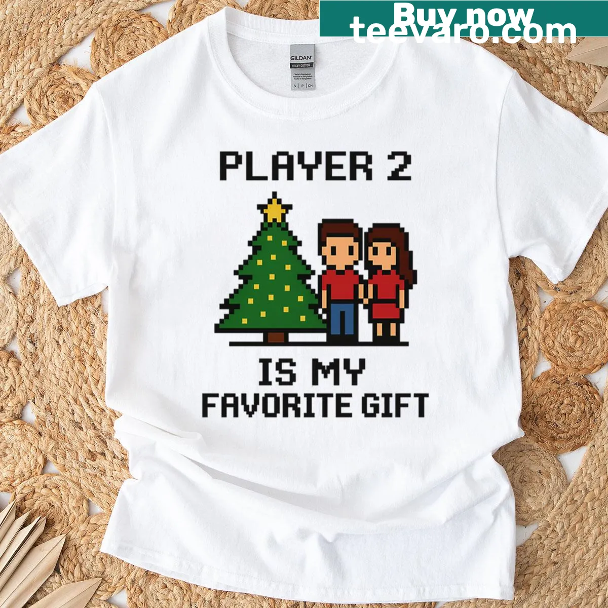 Pixel art graphic celebrating Player 2 in a couple's t-shirt — on a men's t-shirt
