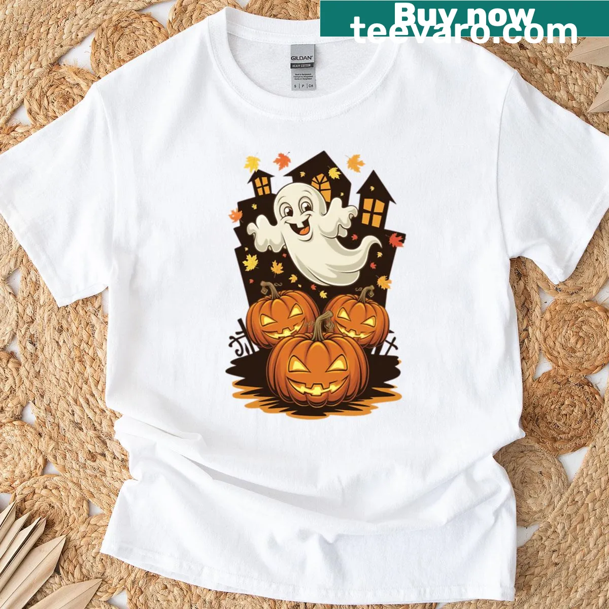 Cartoon ghost interacting with pumpkins on T-shirt — on a men's t-shirt