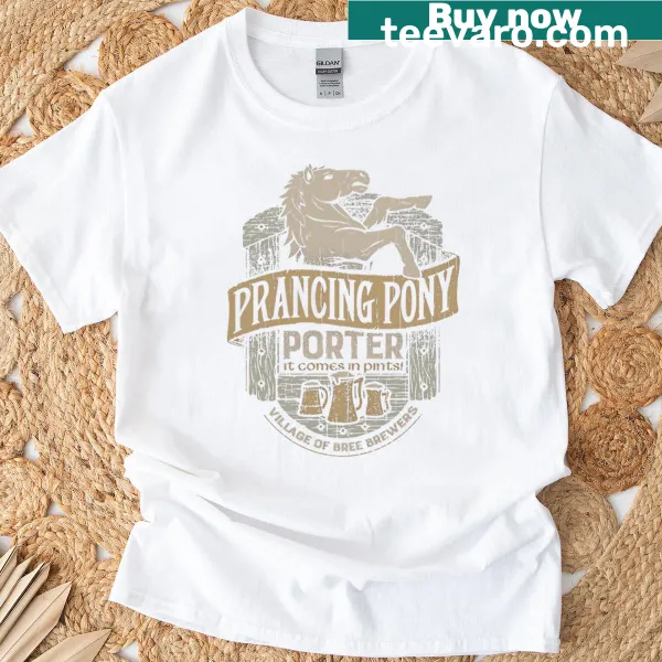 Vintage-style t-shirt featuring Prancing Pony Brewery logo