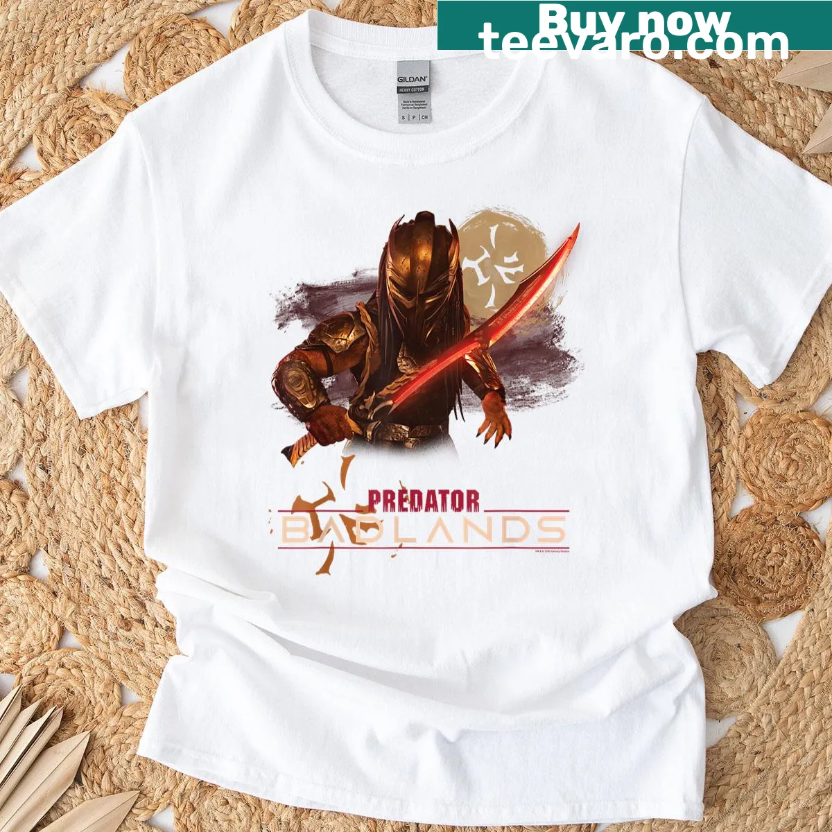 Predator T-shirt featuring Dek with sword and official logo — on a men's t-shirt