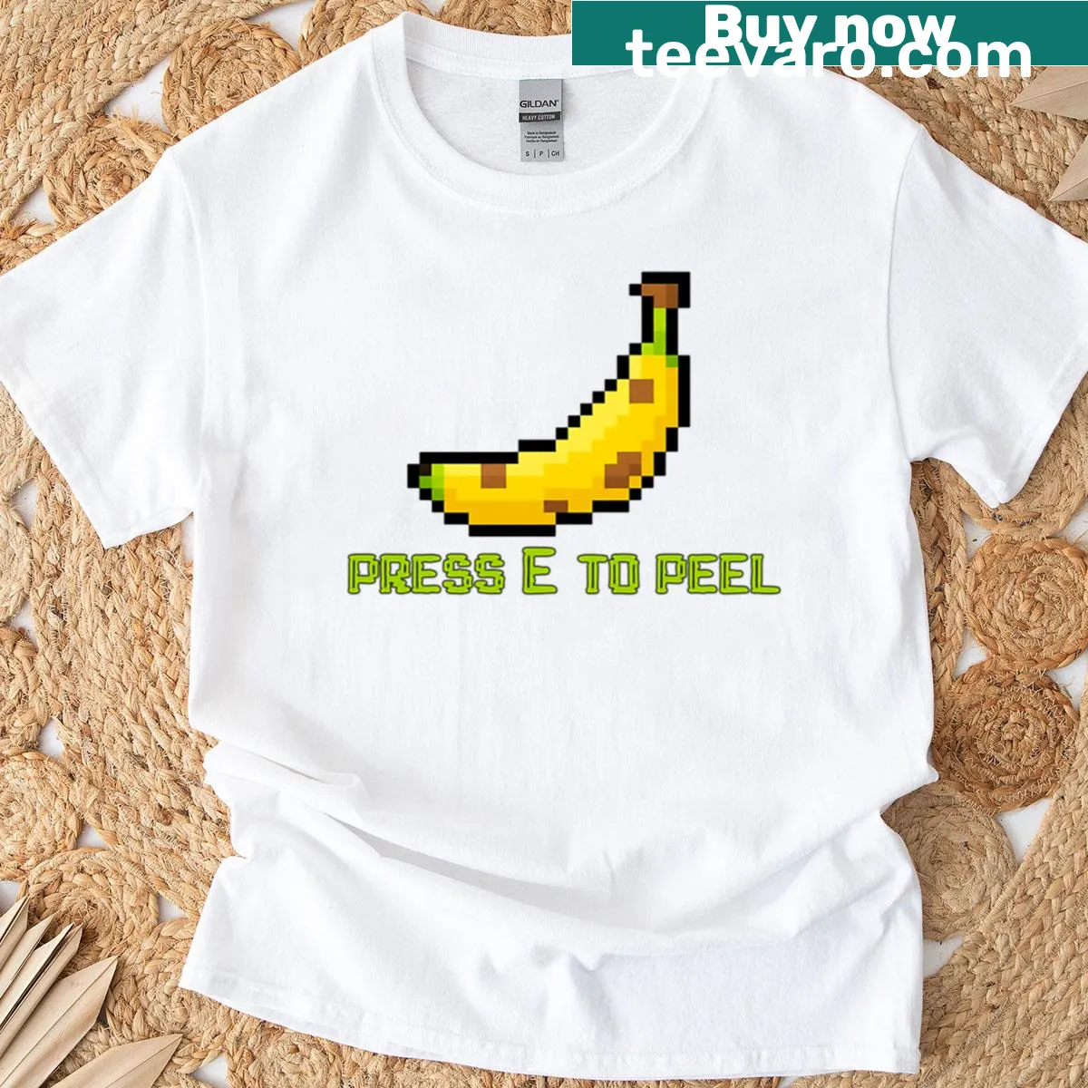 Funny gaming T-shirt with pixel art banana and Press E To Peel text. — on a men's t-shirt