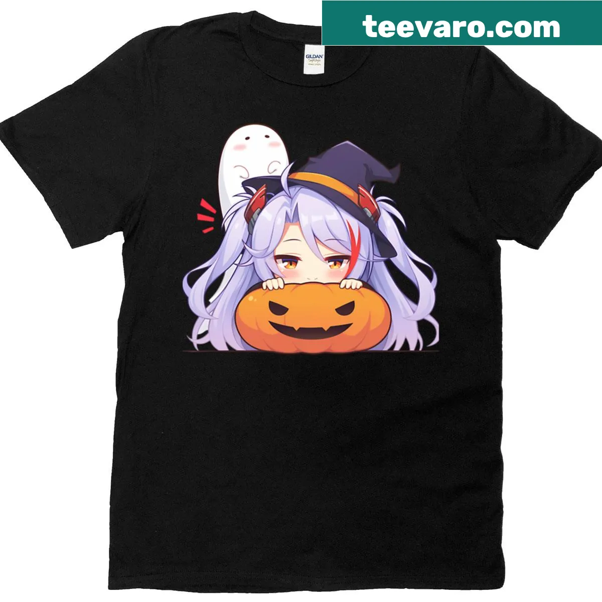 Chibi anime girl as pumpkin witch with ghosts design — on a men's t-shirt