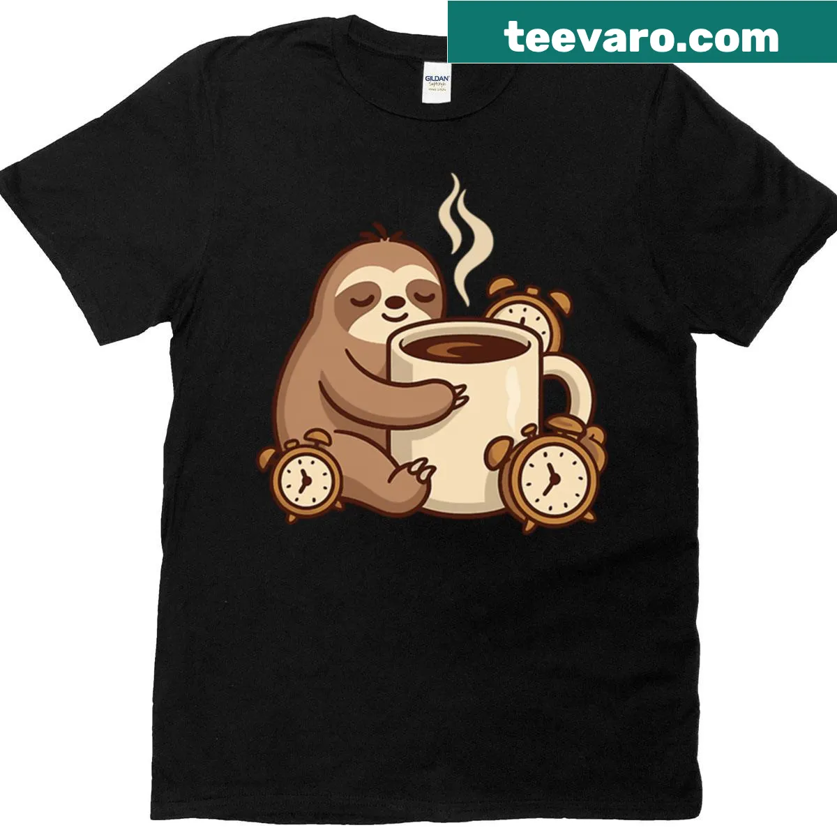 Humorous text with a sleepy sloth about coffee delays — on a men's t-shirt