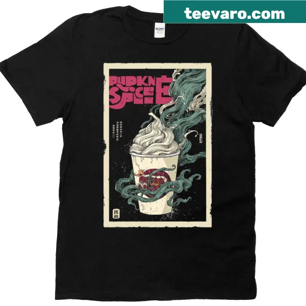 Illustration of pumpkin spice latte on a T-shirt with Japanese art style