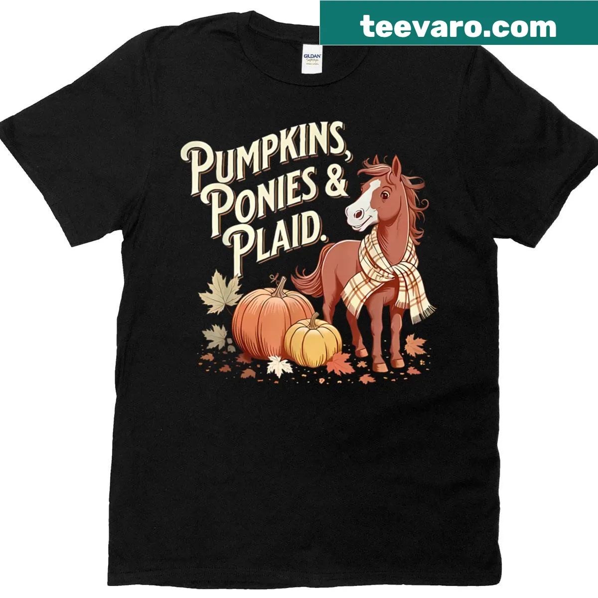 Whimsical t-shirt design featuring pumpkins and ponies — on a men's t-shirt