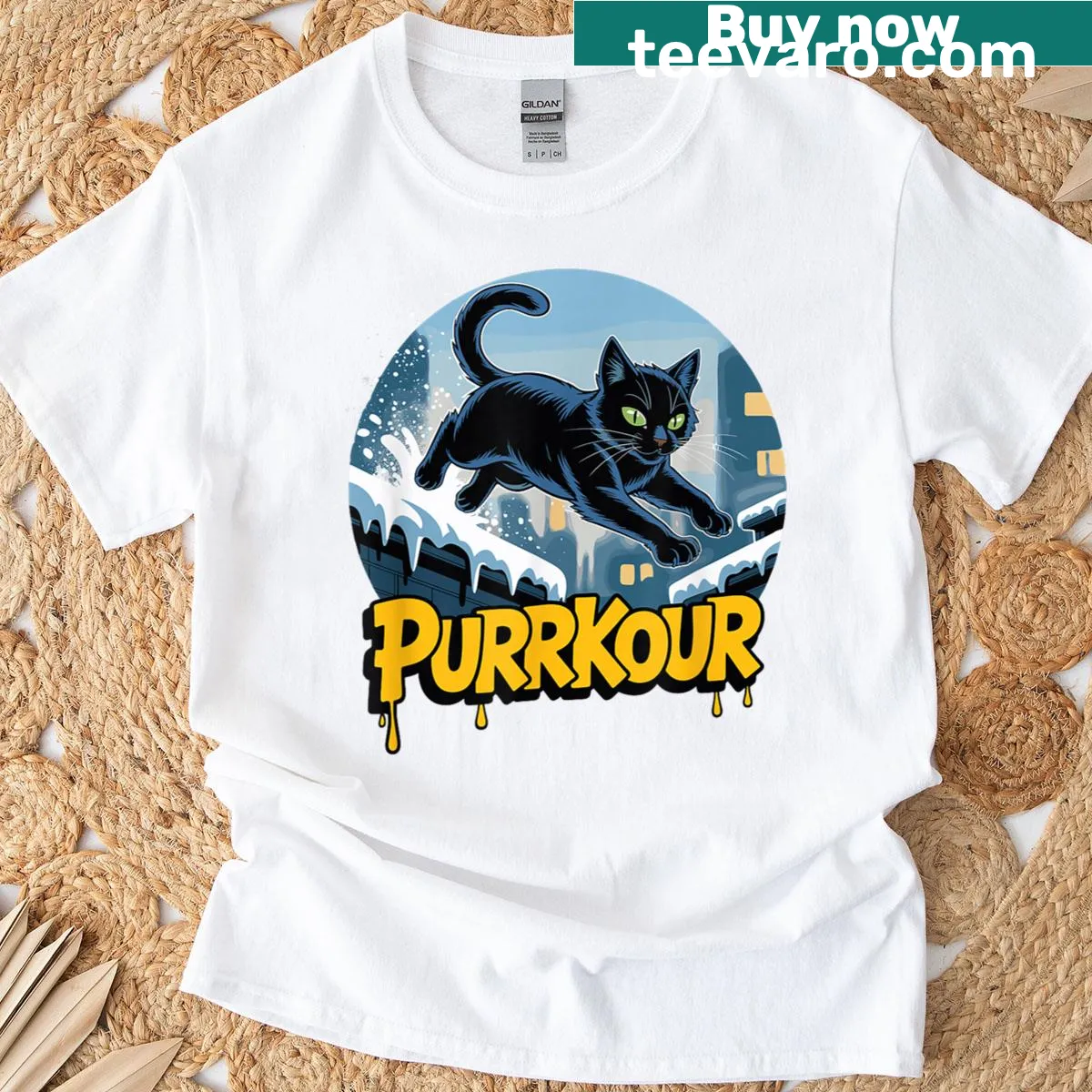 Cute T-shirt featuring a black cat performing parkour on snowy rooftops. — on a men's t-shirt