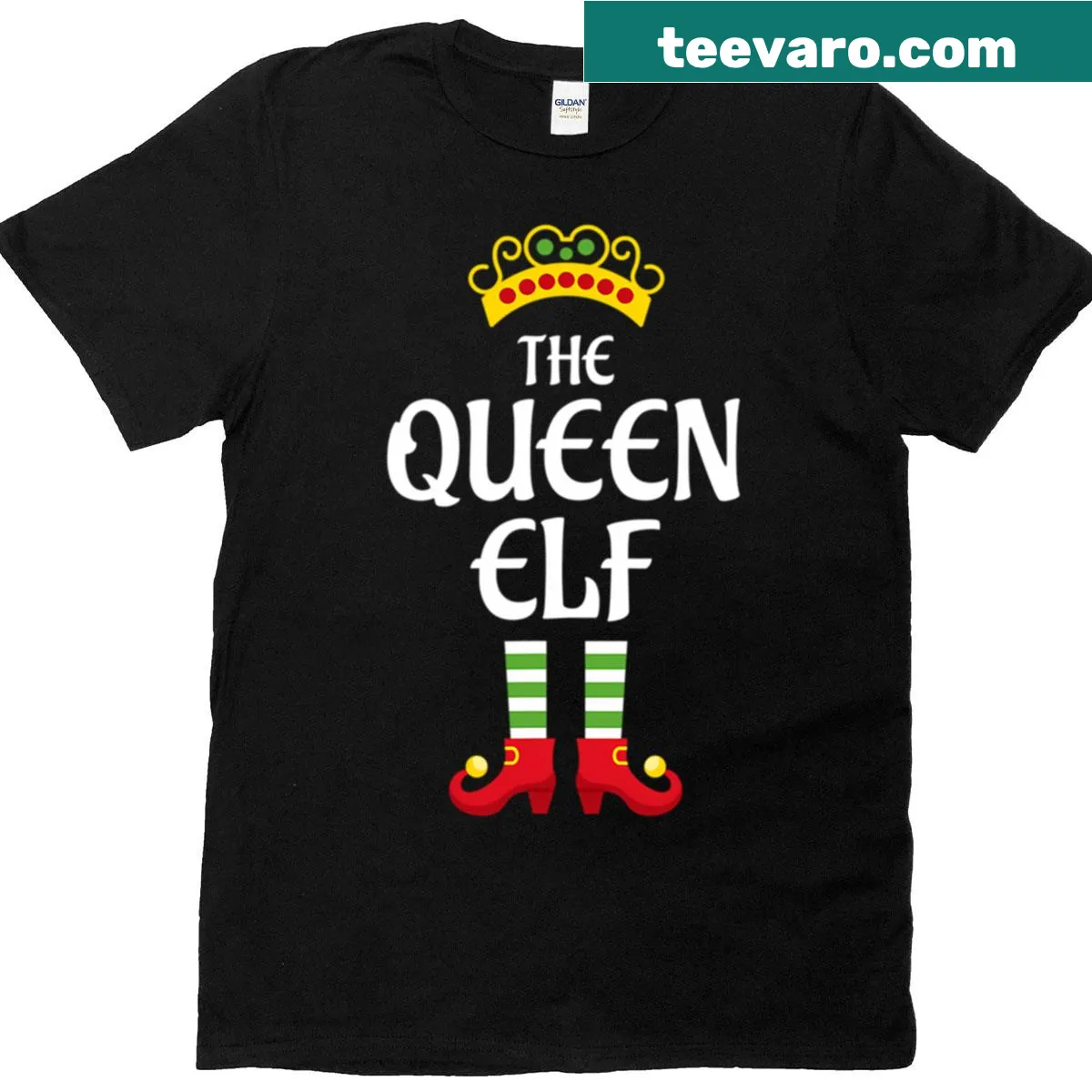 Family matching Christmas t-shirt featuring a queen elf illustration — on a men's t-shirt