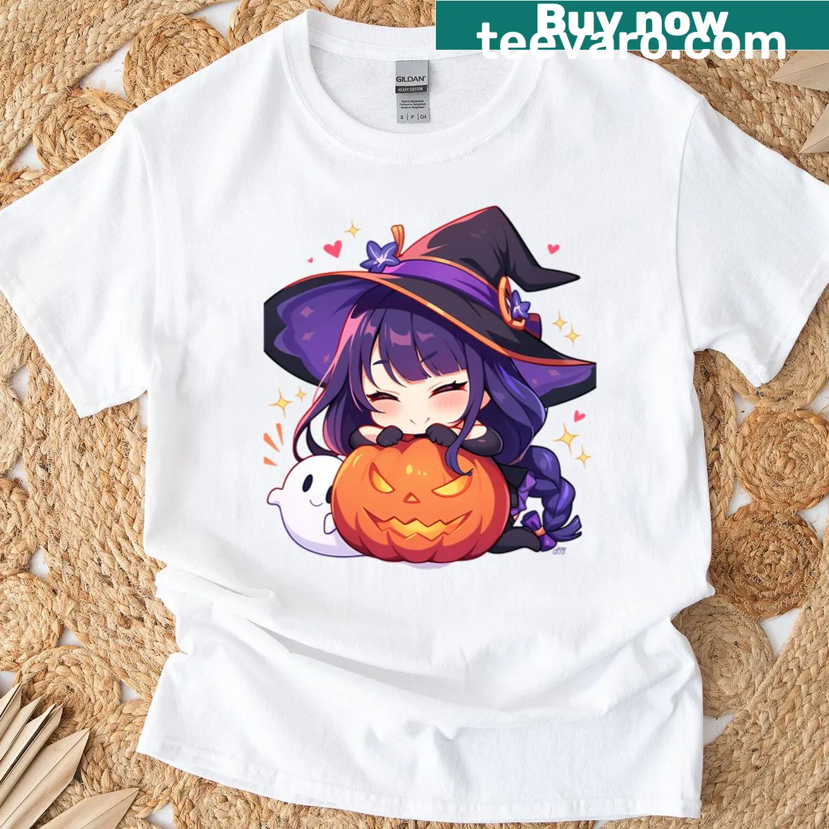 Chibi Raiden Shogun from Genshin Impact in a Halloween-themed T-shirt. — on a men's t-shirt