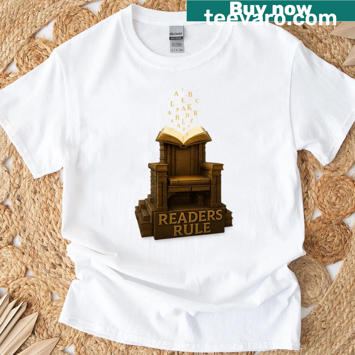 T-shirt featuring a 3D throne made of books, celebrating reading. — on a men's t-shirt