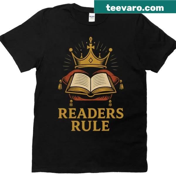Graphic t-shirt featuring the phrase 'Readers Rule' with book-themed design