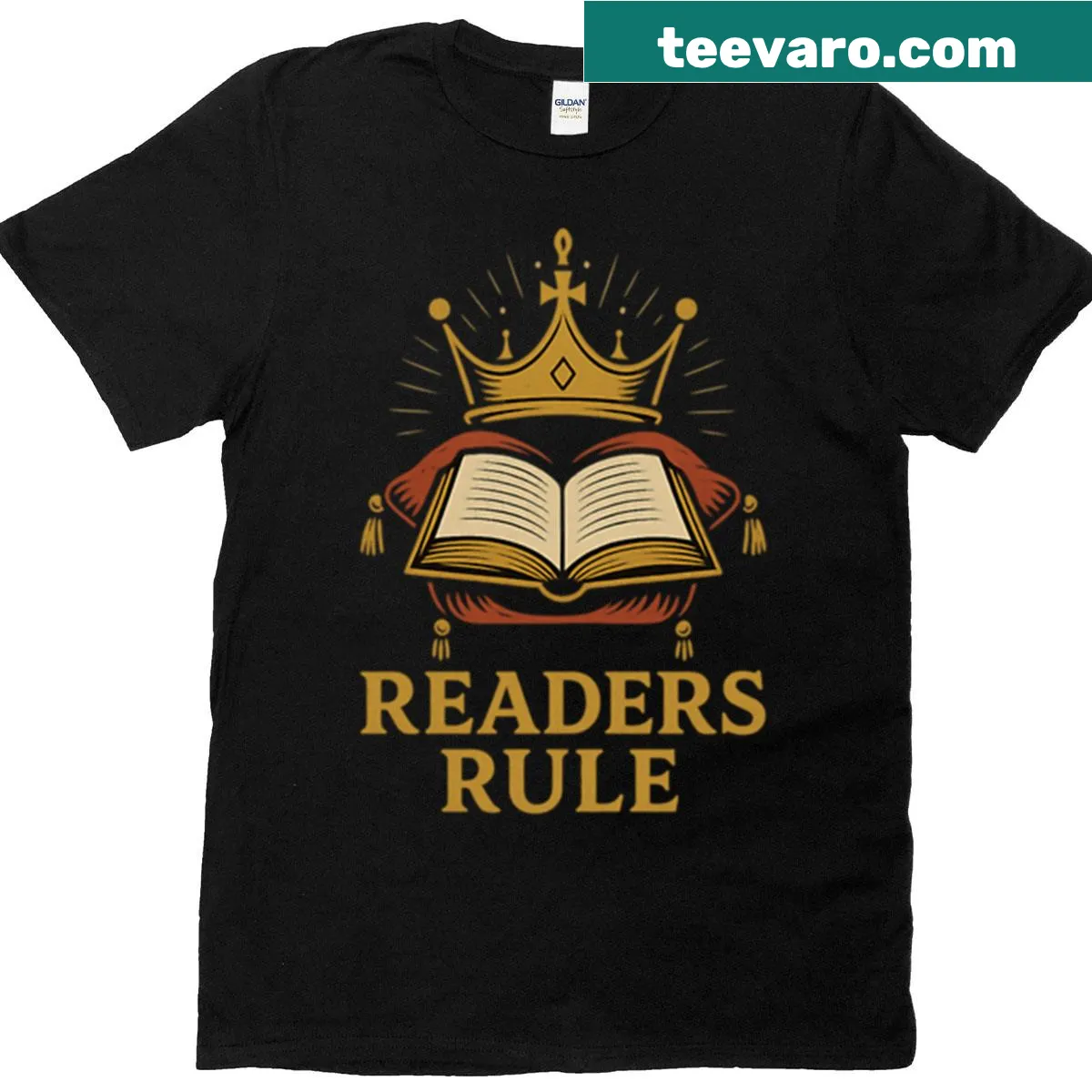Graphic t-shirt featuring the phrase 'Readers Rule' with book-themed design — on a men's t-shirt