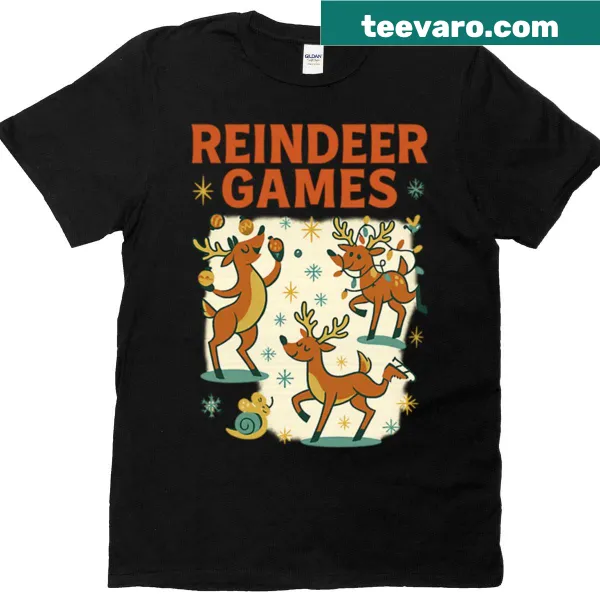 Funny retro graphic T-shirt featuring Christmas reindeer games