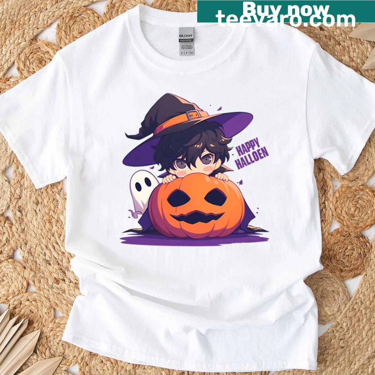 Chibi Ren Amamiya in a pumpkin witch design for Halloween on a T-shirt — on a men's t-shirt