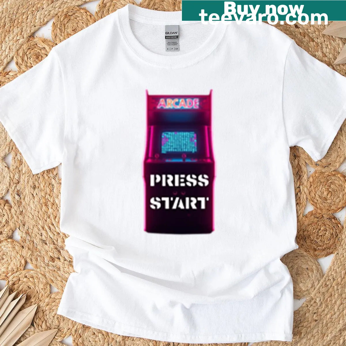 T-shirt featuring a retro arcade machine graphic — on a men's t-shirt