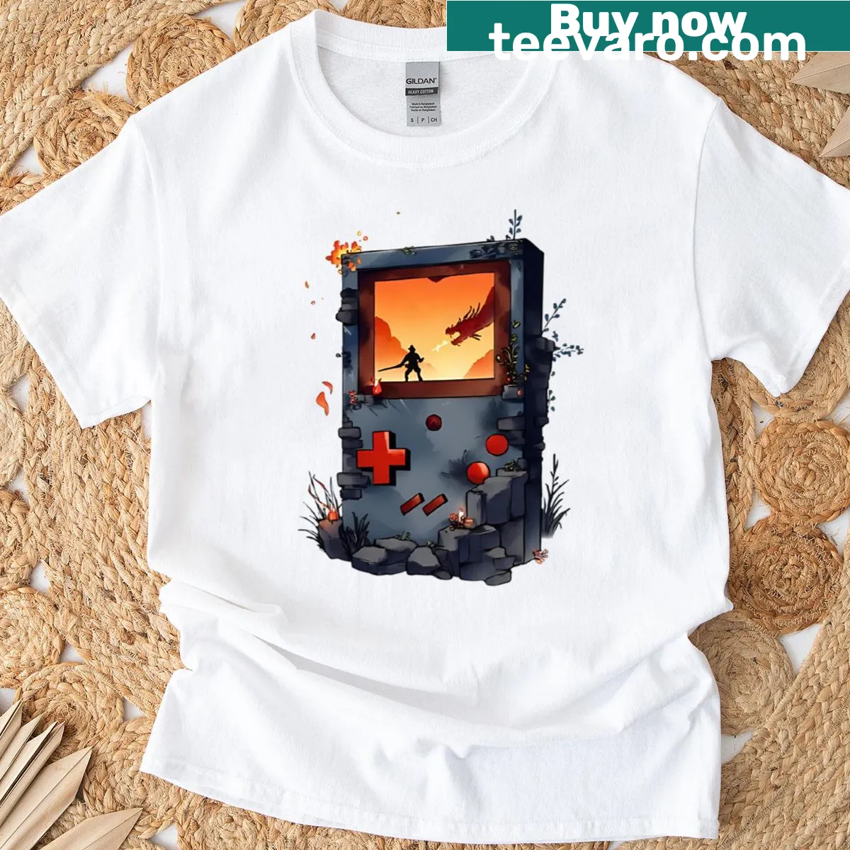 Retro game console T-shirt with knight and dragon pixel art — on a men's t-shirt
