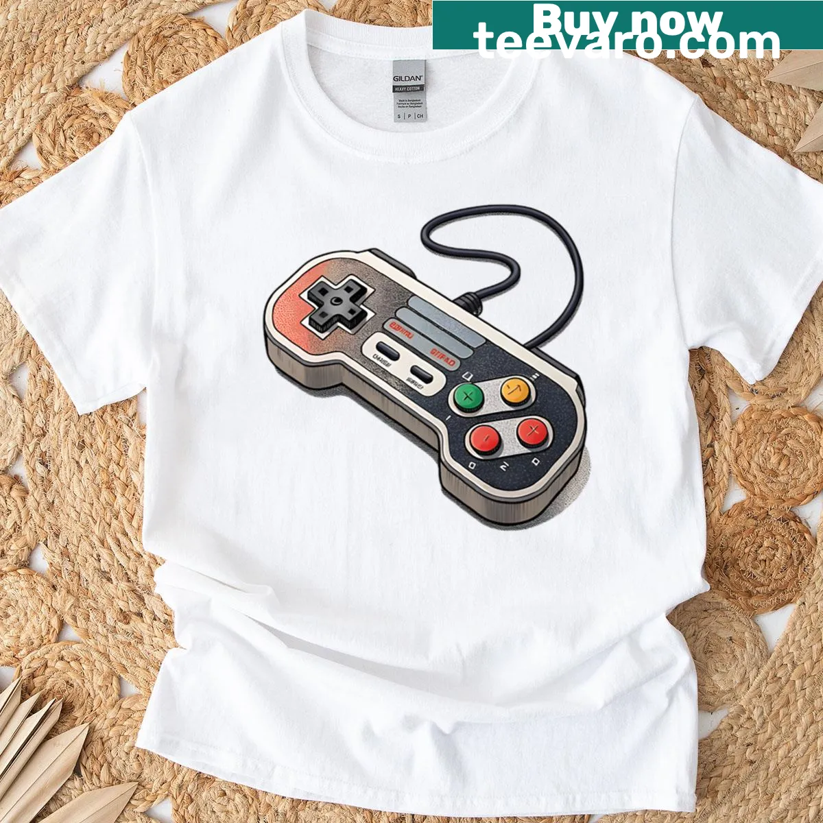 Graphic T-shirt featuring a retro gaming controller design — on a men's t-shirt