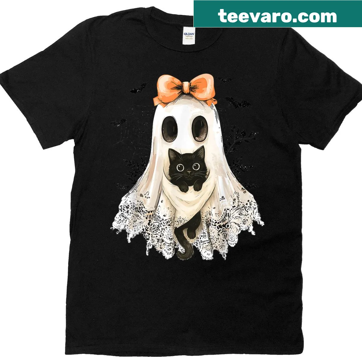 T-shirt with retro lace ghost and black cat design — on a men's t-shirt