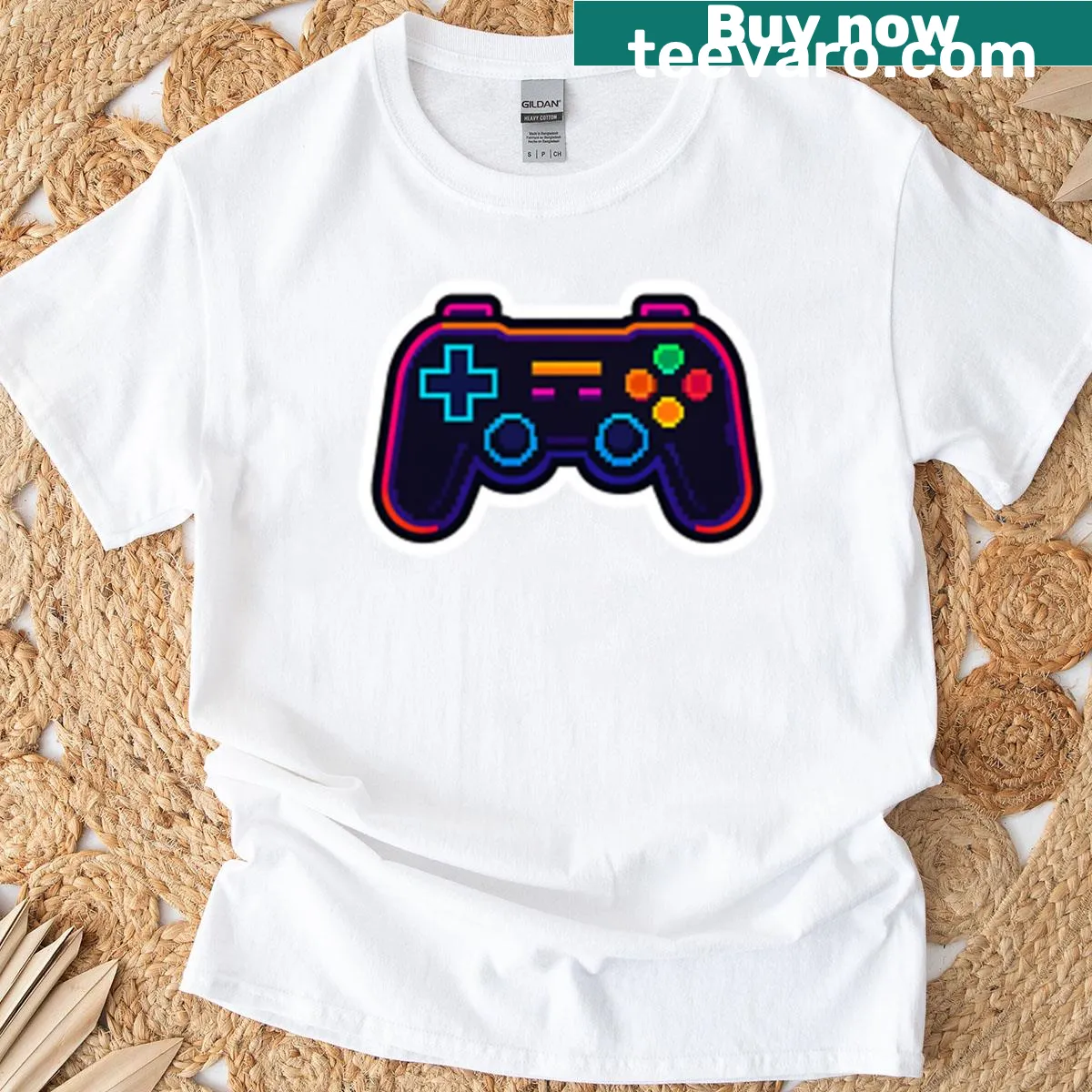 Retro neon gaming controller graphic on a T-shirt for gamers. — on a men's t-shirt