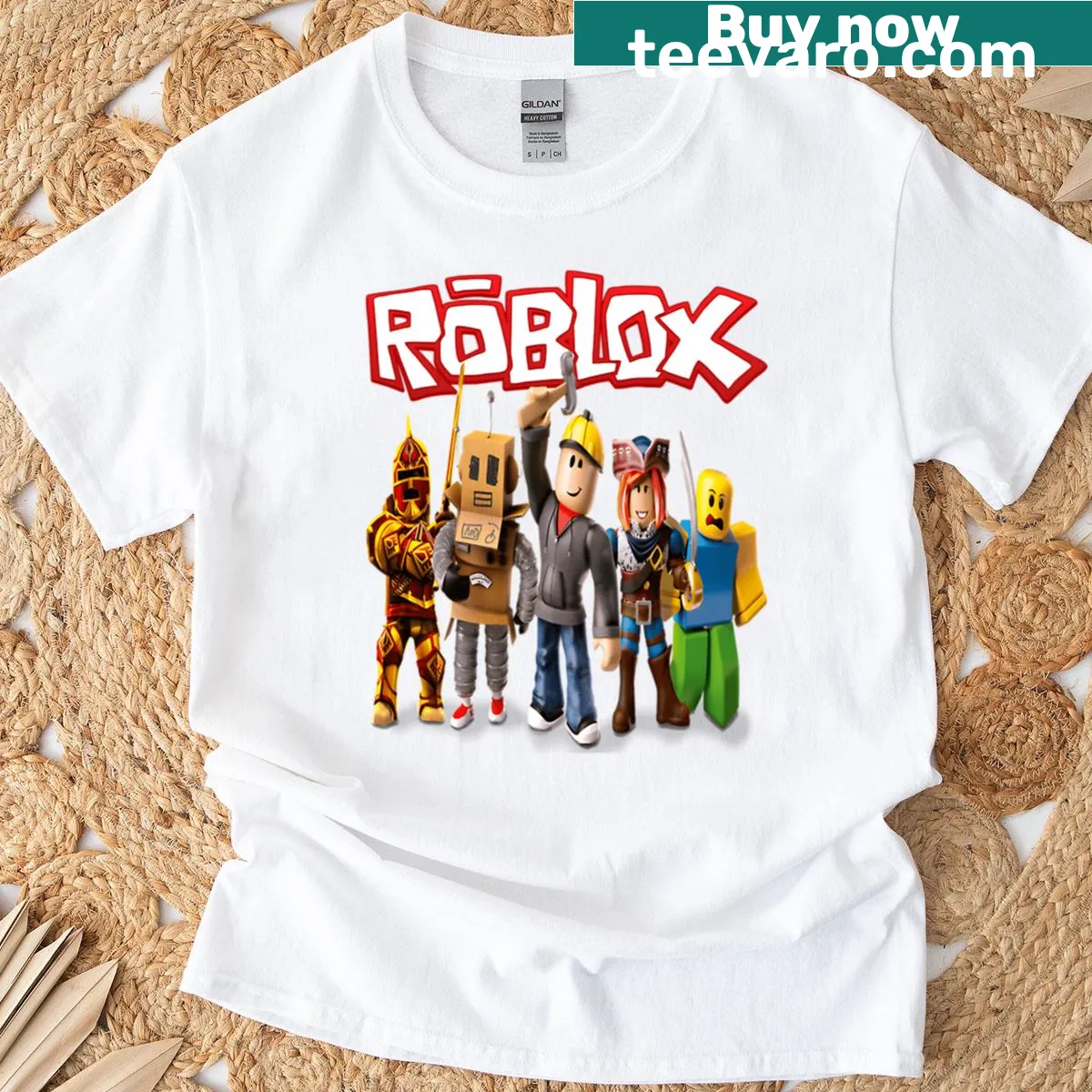 Roblox T-shirt featuring characters and logo — on a men's t-shirt