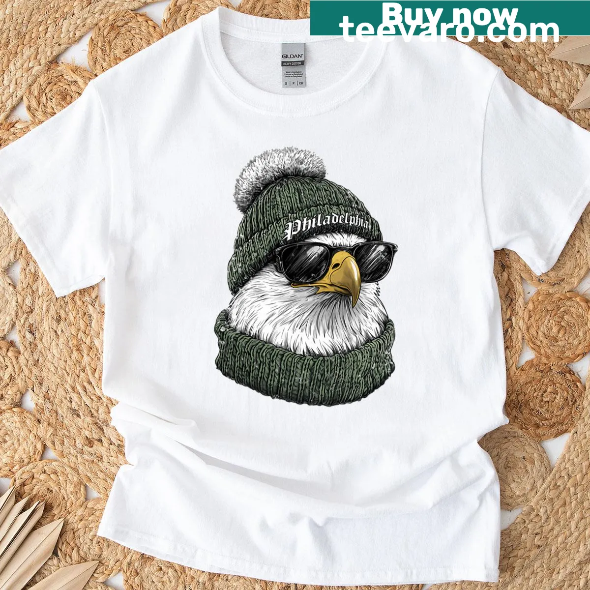 Cartoon graphic of eagles with sunglasses and beanies — on a men's t-shirt