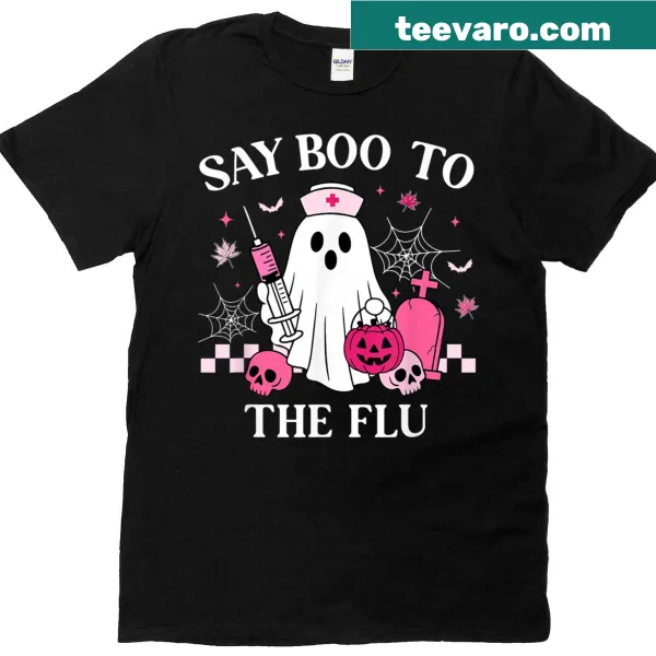 Funny nurse Halloween t-shirt featuring a ghost and vaccine syringe
