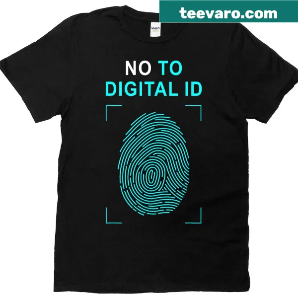 Bold graphic t-shirt with anti-digital ID message and fingerprint design