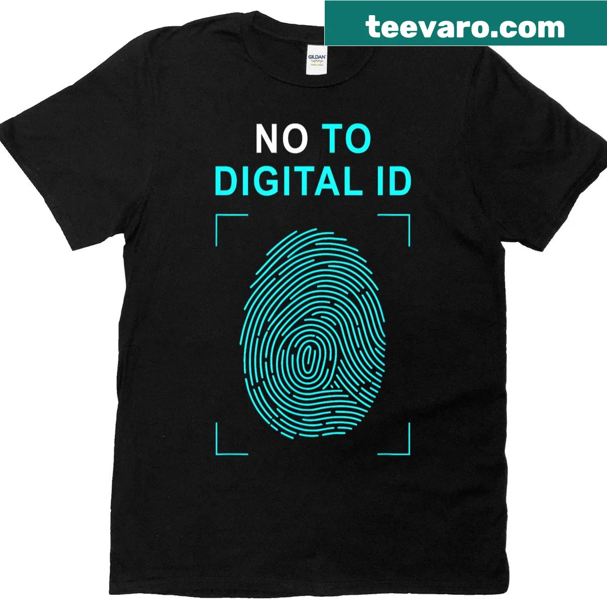 Bold graphic t-shirt with anti-digital ID message and fingerprint design — on a men's t-shirt