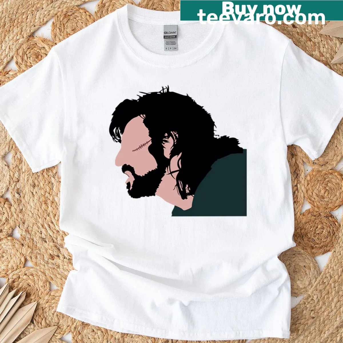 Graphic t-shirt featuring a bold Sheriff of Nottingham illustration — on a men's t-shirt
