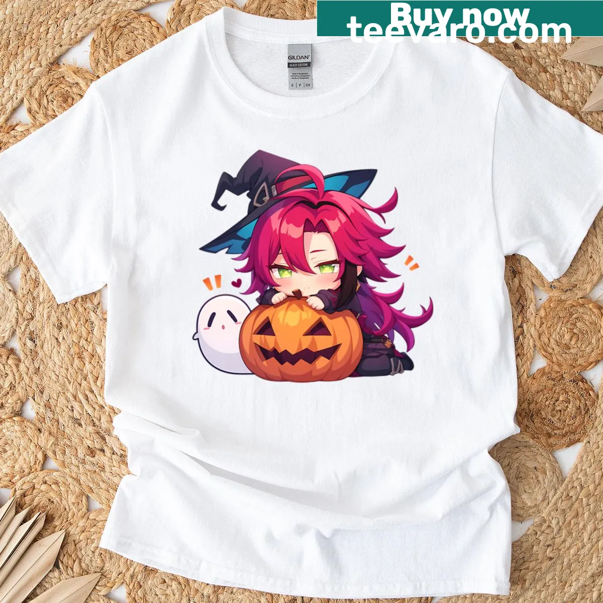Chibi character from Genshin Impact with a pumpkin Halloween graphic. — on a men's t-shirt