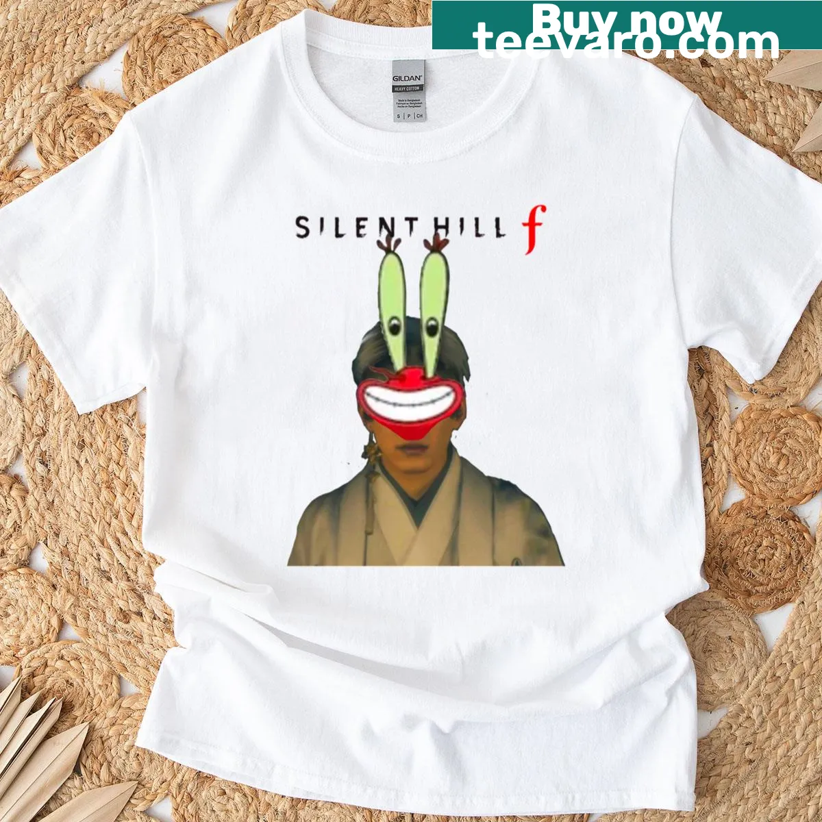 Illustration of a fox mask and Spongebob elements on a horror-themed t-shirt — on a men's t-shirt