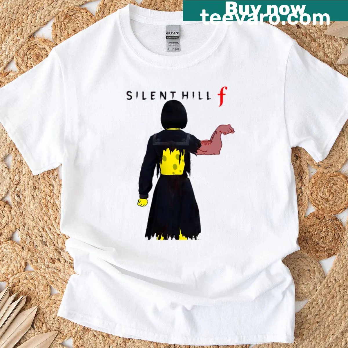 Graphic combining Silent Hill with Spongebob on a unique T-shirt. — on a men's t-shirt