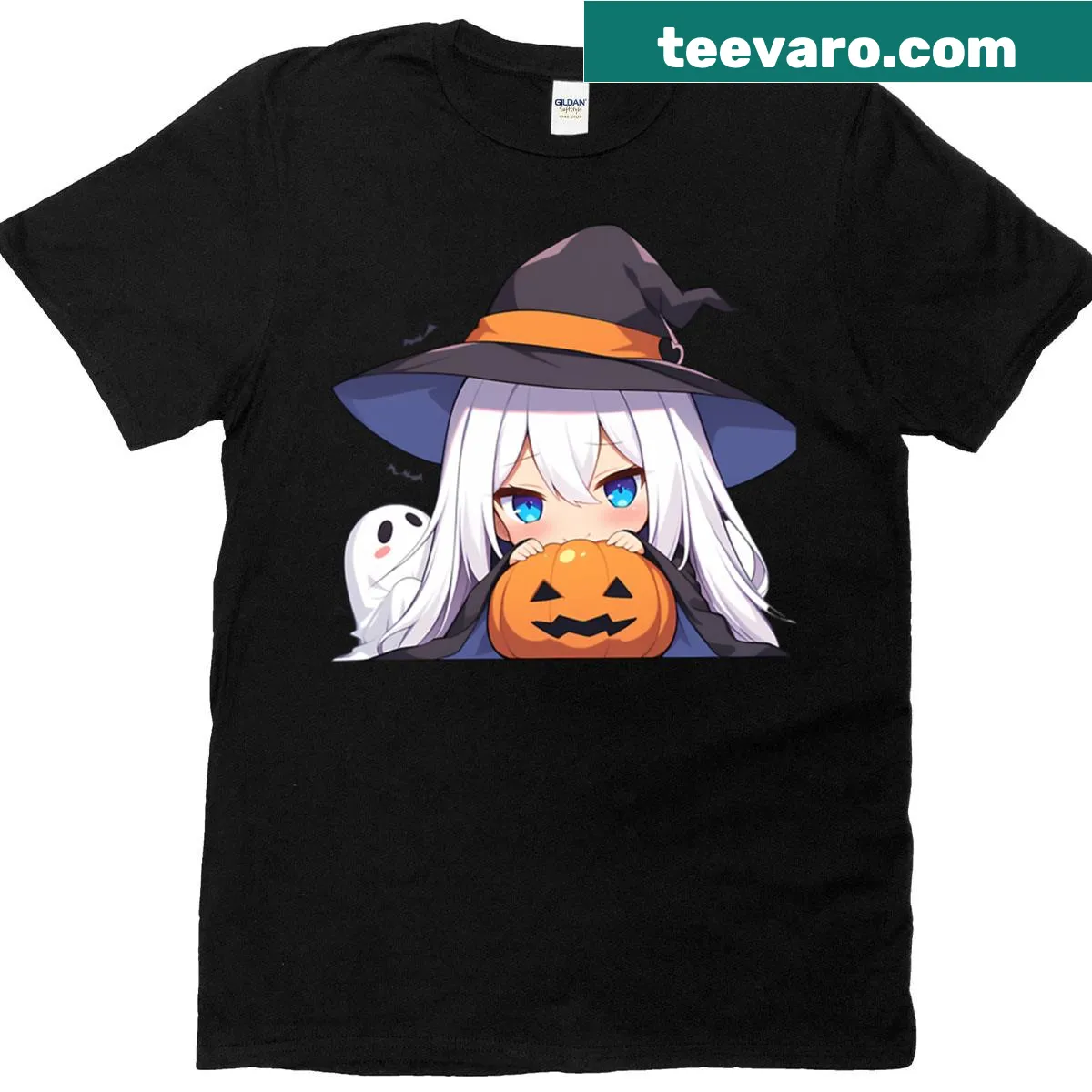 Chibi anime girl witch with pumpkins and ghosts on t-shirt — on a men's t-shirt