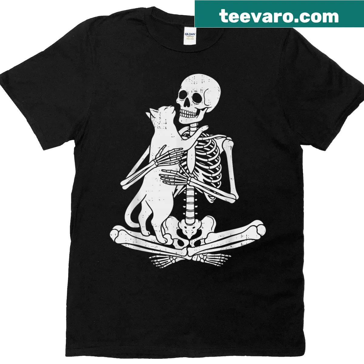 Funny Halloween shirt with a skeleton holding a cat — on a men's t-shirt