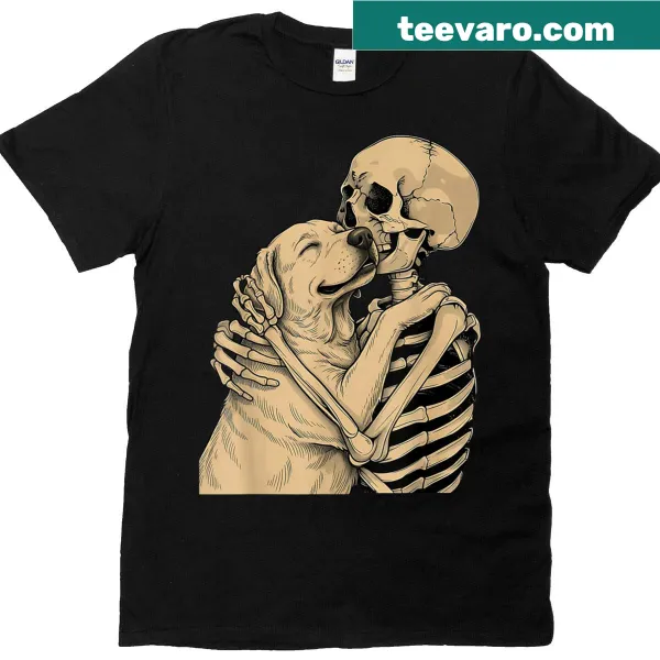 Cute skeleton hugging a Labrador on a Halloween t-shirt