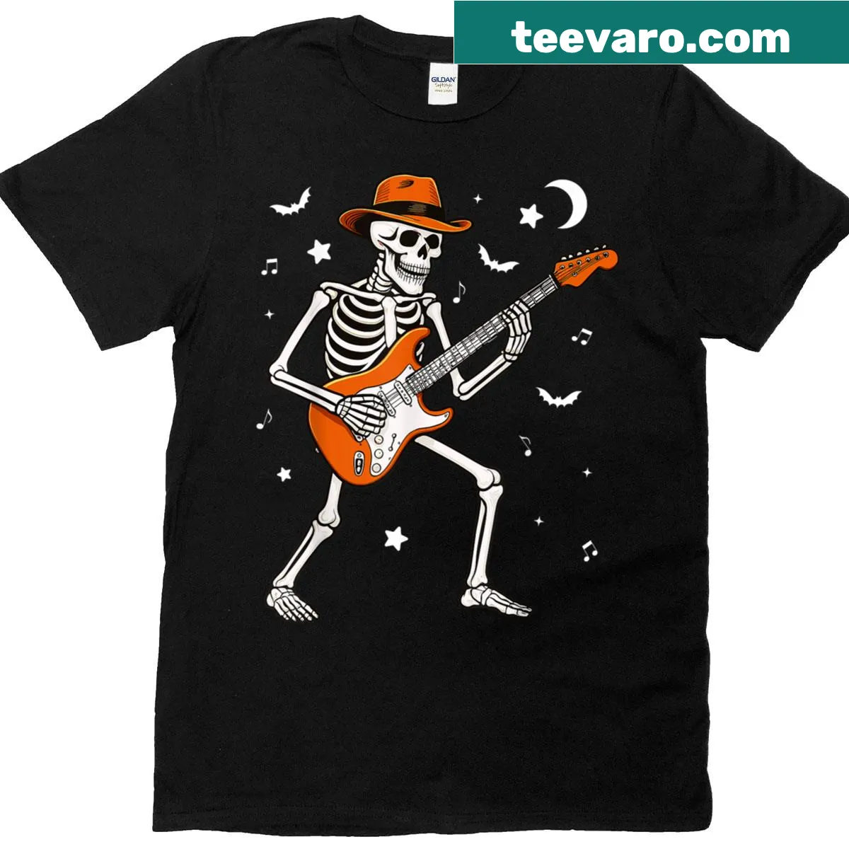 Skeleton playing guitar in a humorous Halloween-themed T-shirt — on a men's t-shirt