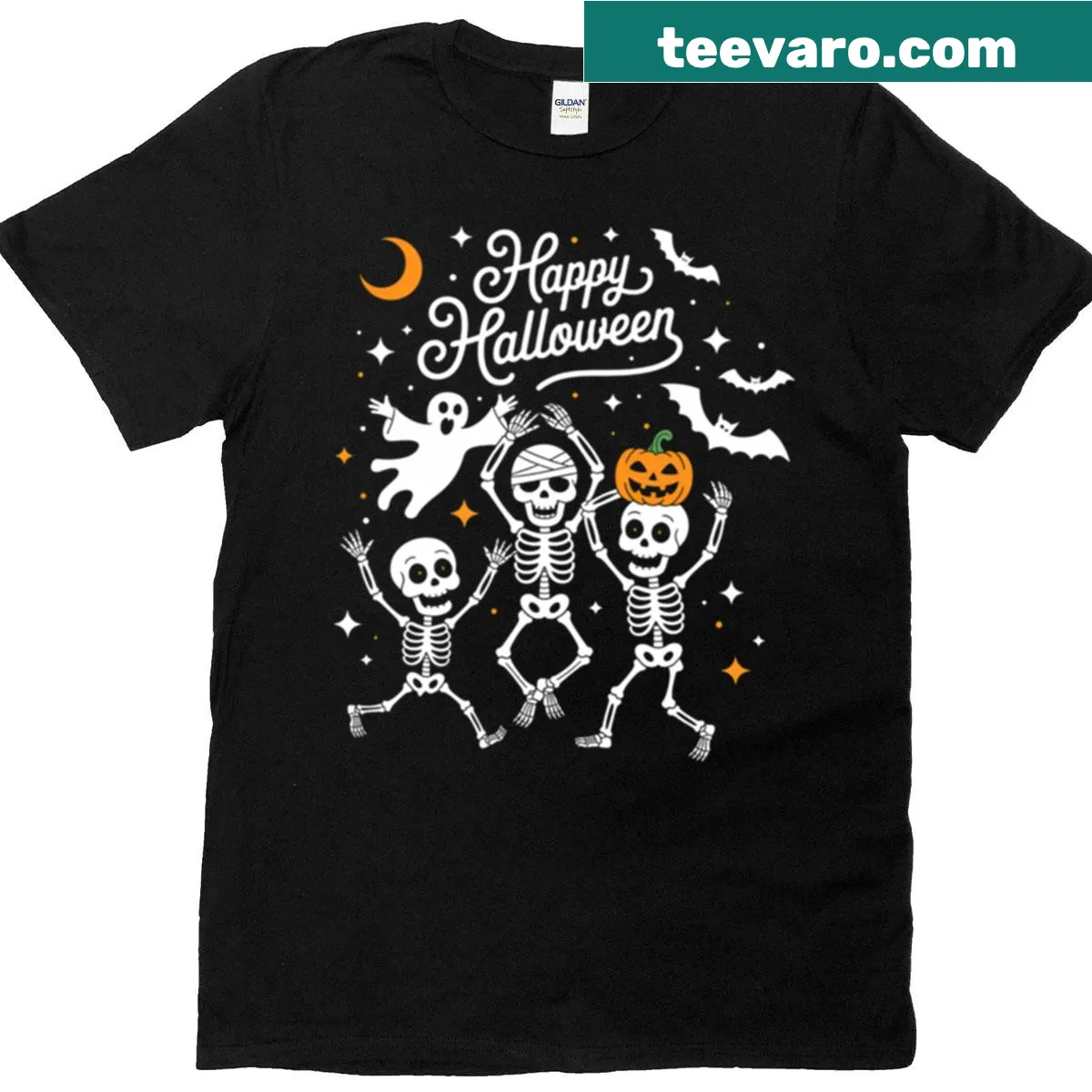 Cheerful skeletons celebrating Halloween on a t-shirt — on a men's t-shirt